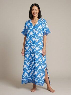 NWT Nimo With Love Dahlia in Ikat Blue Linen Oversized Kaftan Dress S $270